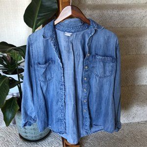 Chico’s Chambray Frayed Denim Button Down Shacket